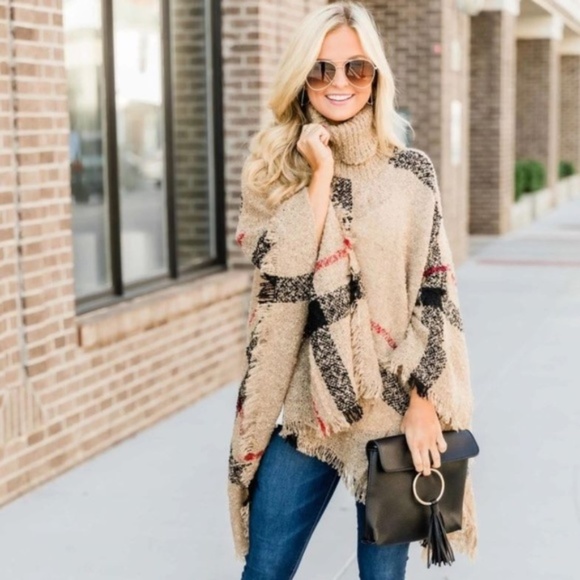 Sweaters - Turtle Neck Wool Khaki Knit Cape Poncho Sweater OS